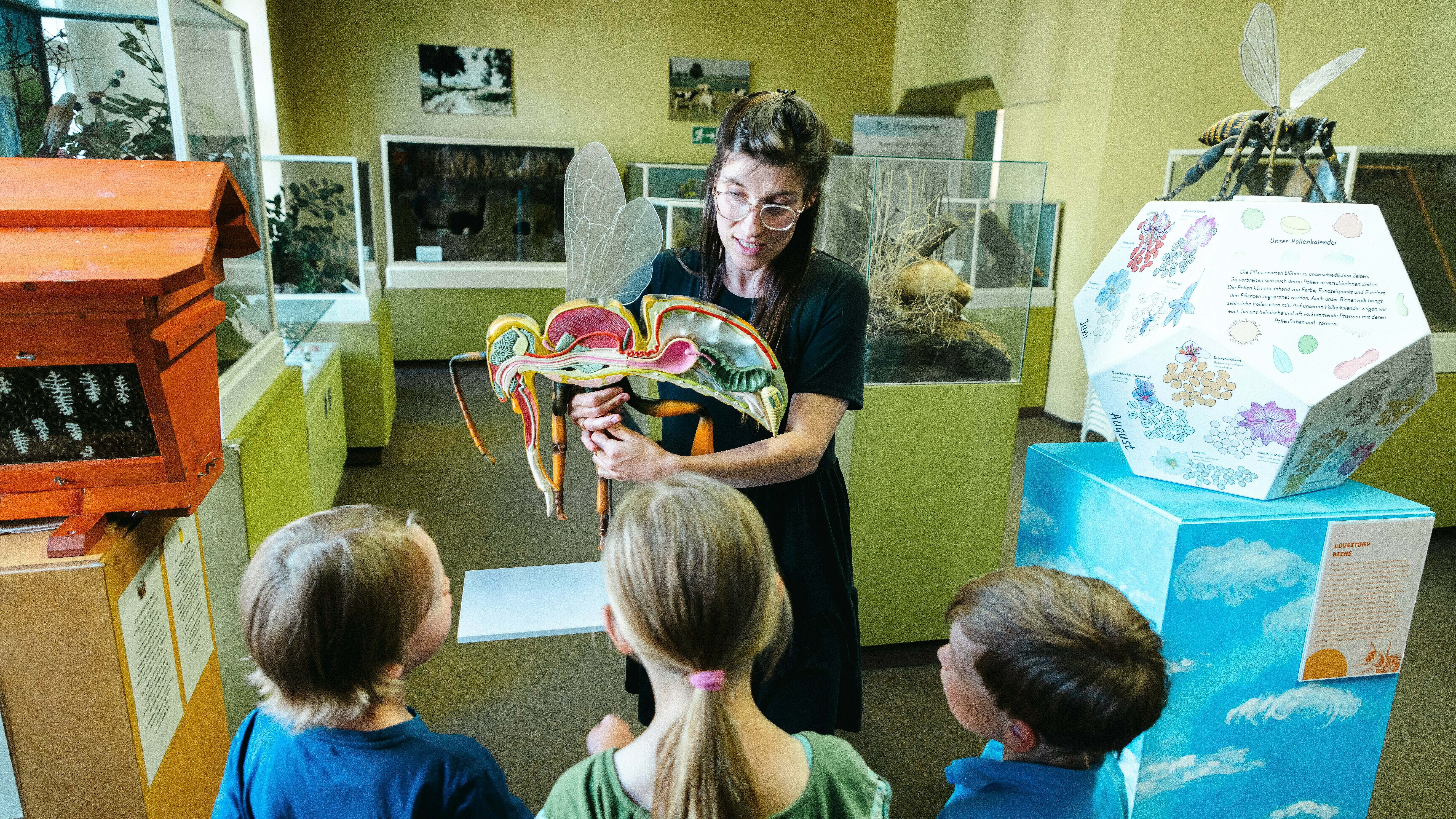 Museumspaedagogin, die drei Kindern ein Bienenmodell zeigt